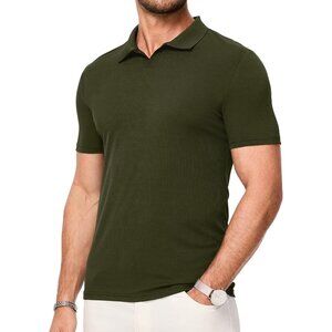 💫 Men Green Casual Slim Fit Ribbed Short Sleeve V Neck Summer Polo T Shirts